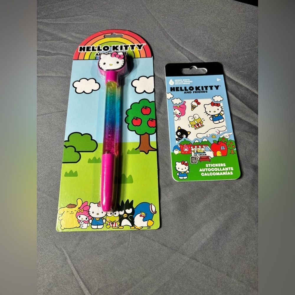 New Hello Kitty Rainbow Glitter Pen & Sticker Set NWT